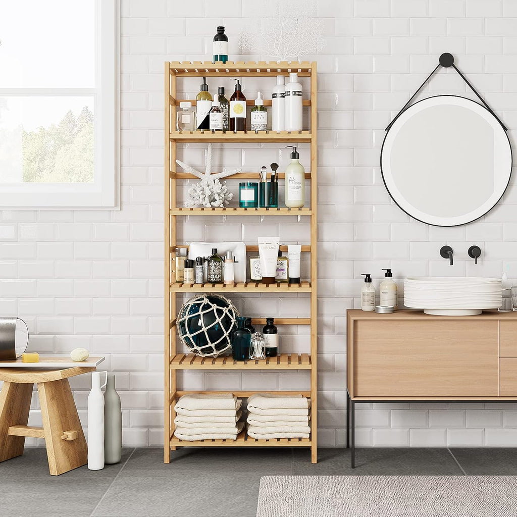 6-Tier Adjustable Natural Bamboo Storage Shelf