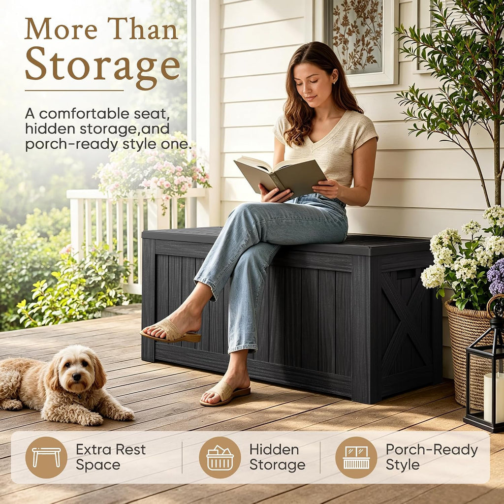 Black 120 Gallon Deck Storage Bench