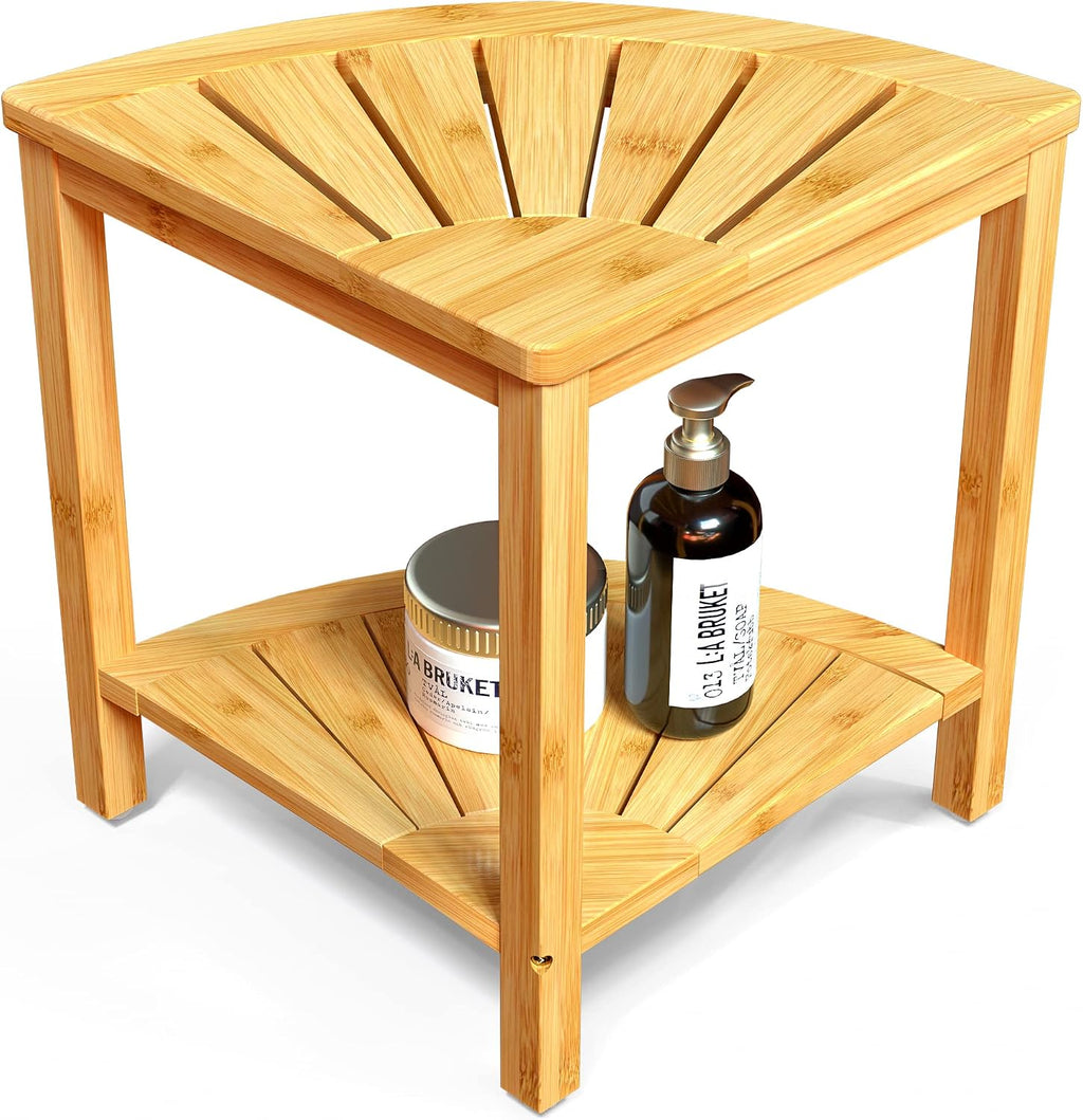 Bamboo Corner Shower Bench with Storage Shelf