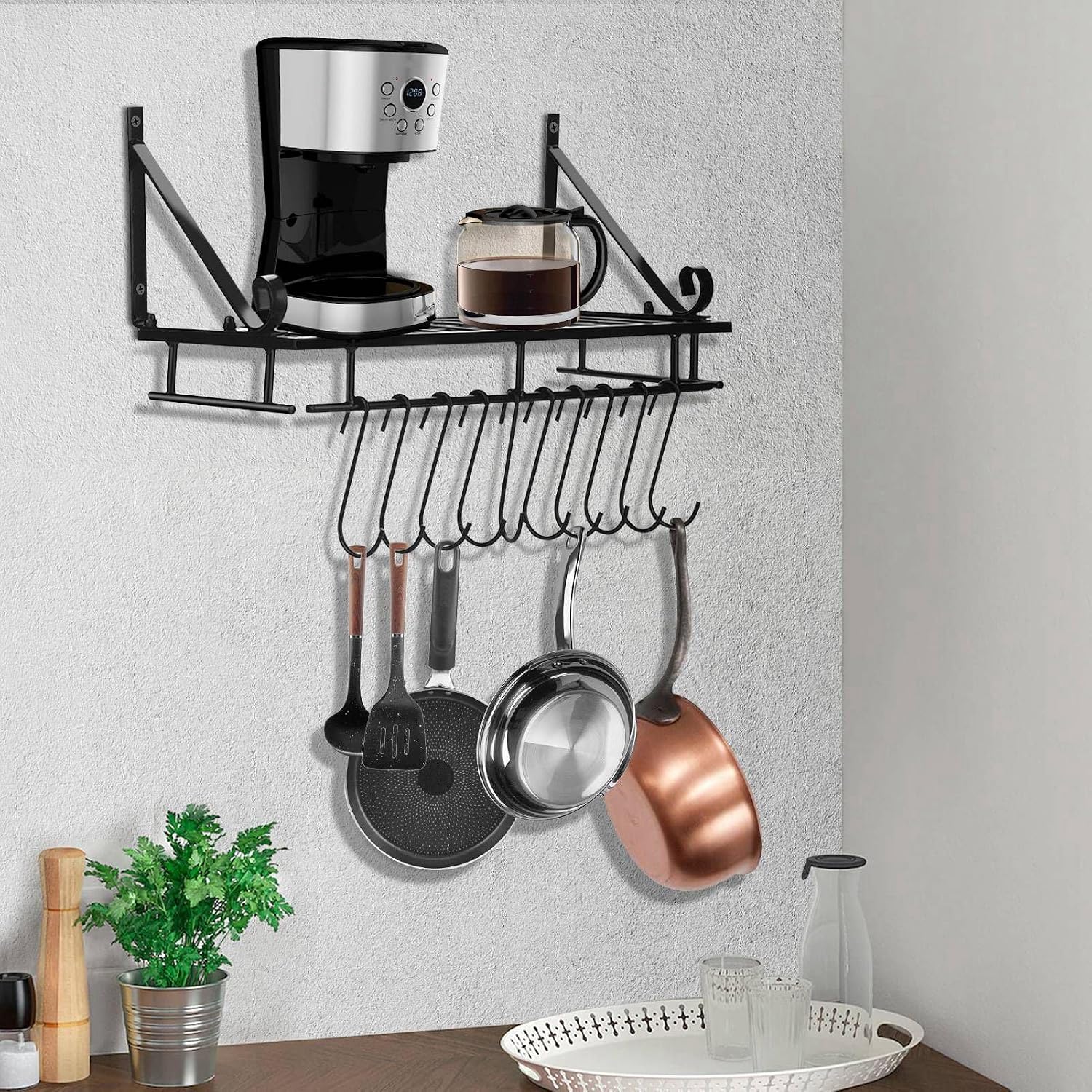Wall Mount Metal Pot Rack with 10 Hooks