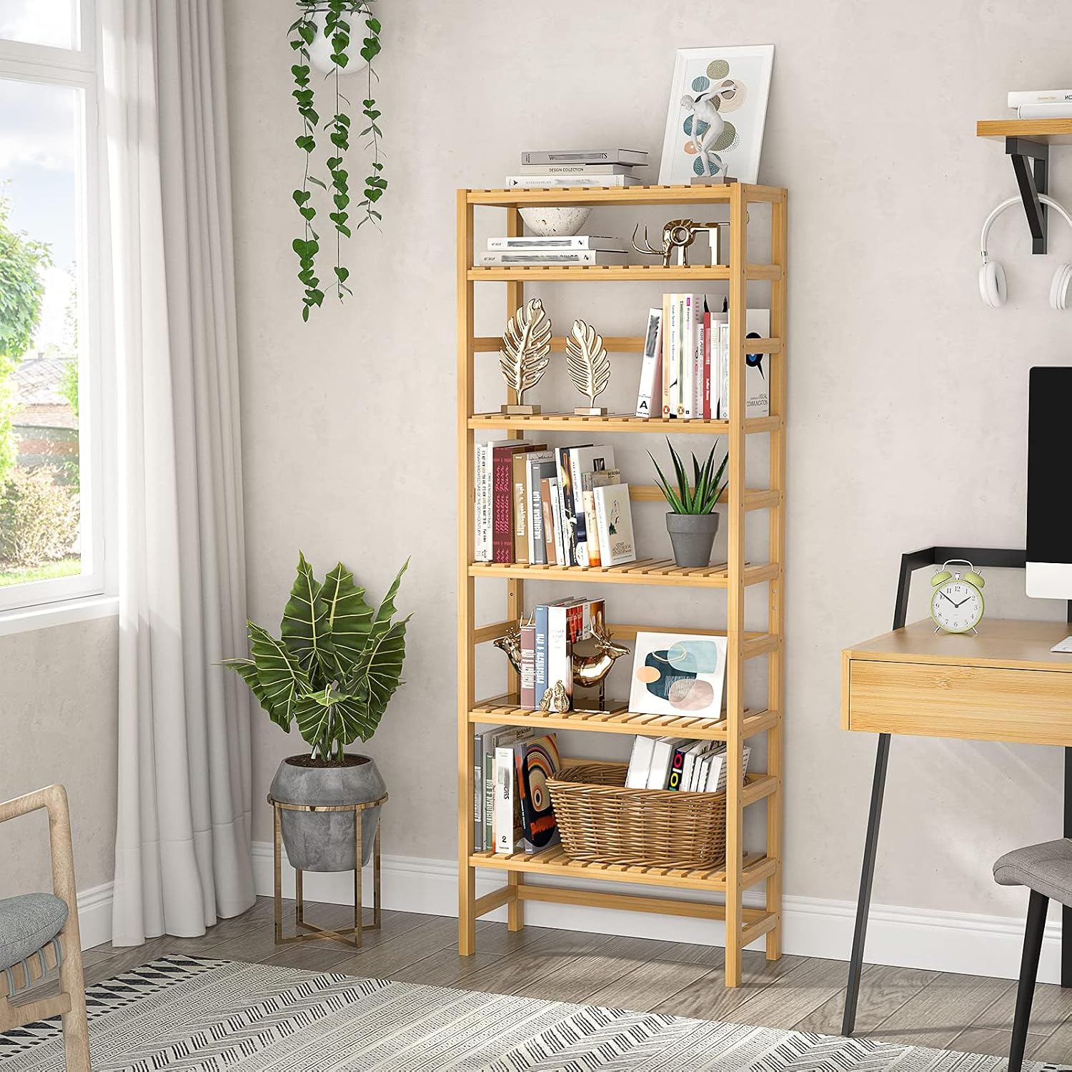 6-Tier Adjustable Shallow Bamboo Bookshelf