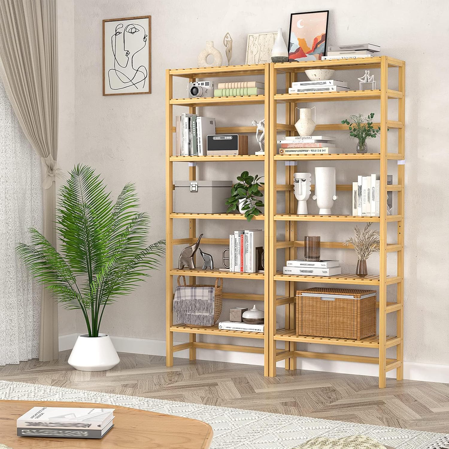 6-Tier Adjustable Shallow Bamboo Bookshelf