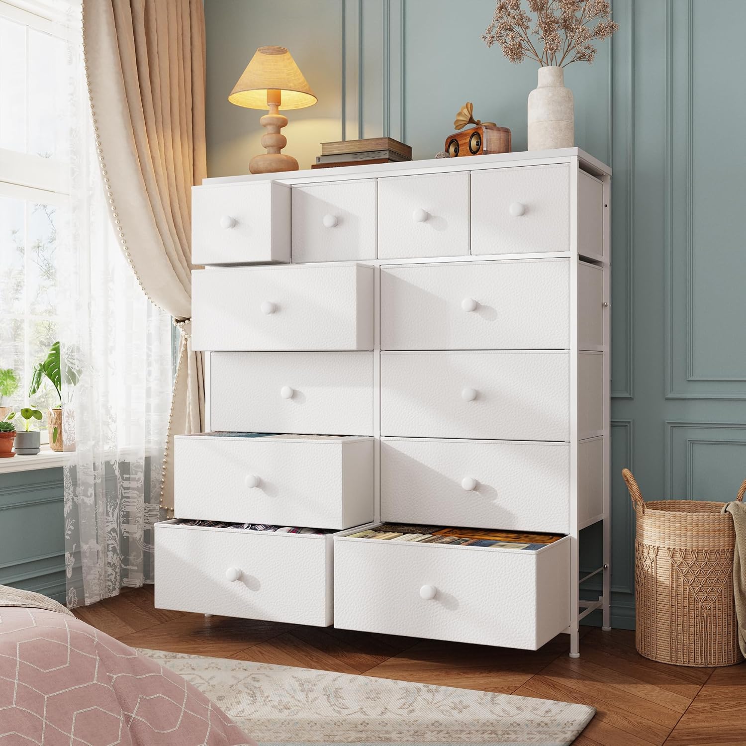 White Tall Fabric Storage Dresser