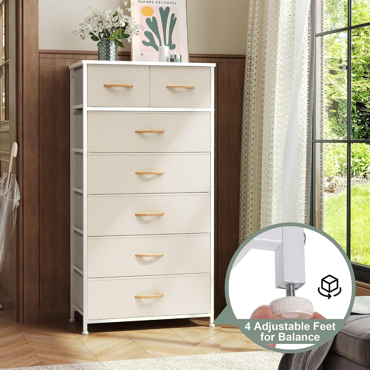 Beige 7-Drawer Fabric Dresser
