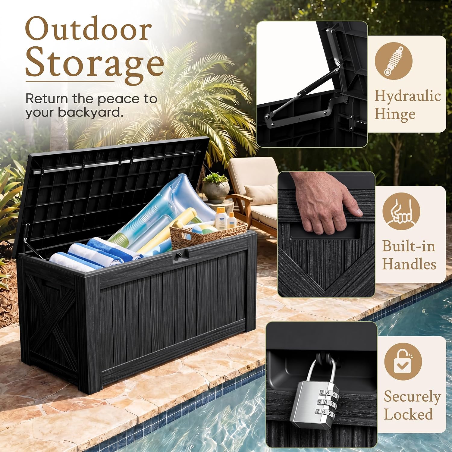 Black 120 Gallon Deck Storage Bench