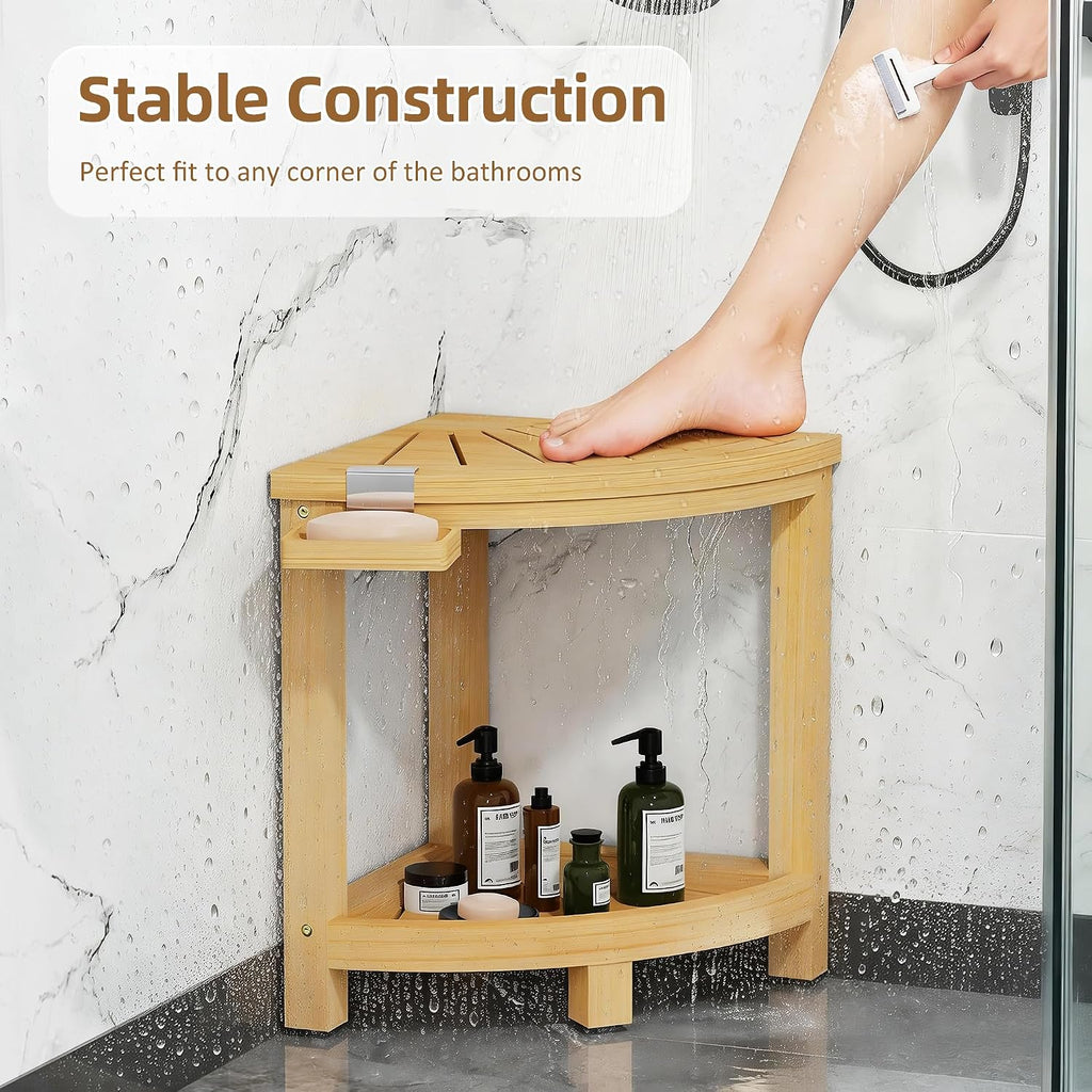 2-Tier Natural Bamboo Corner Shower Stool