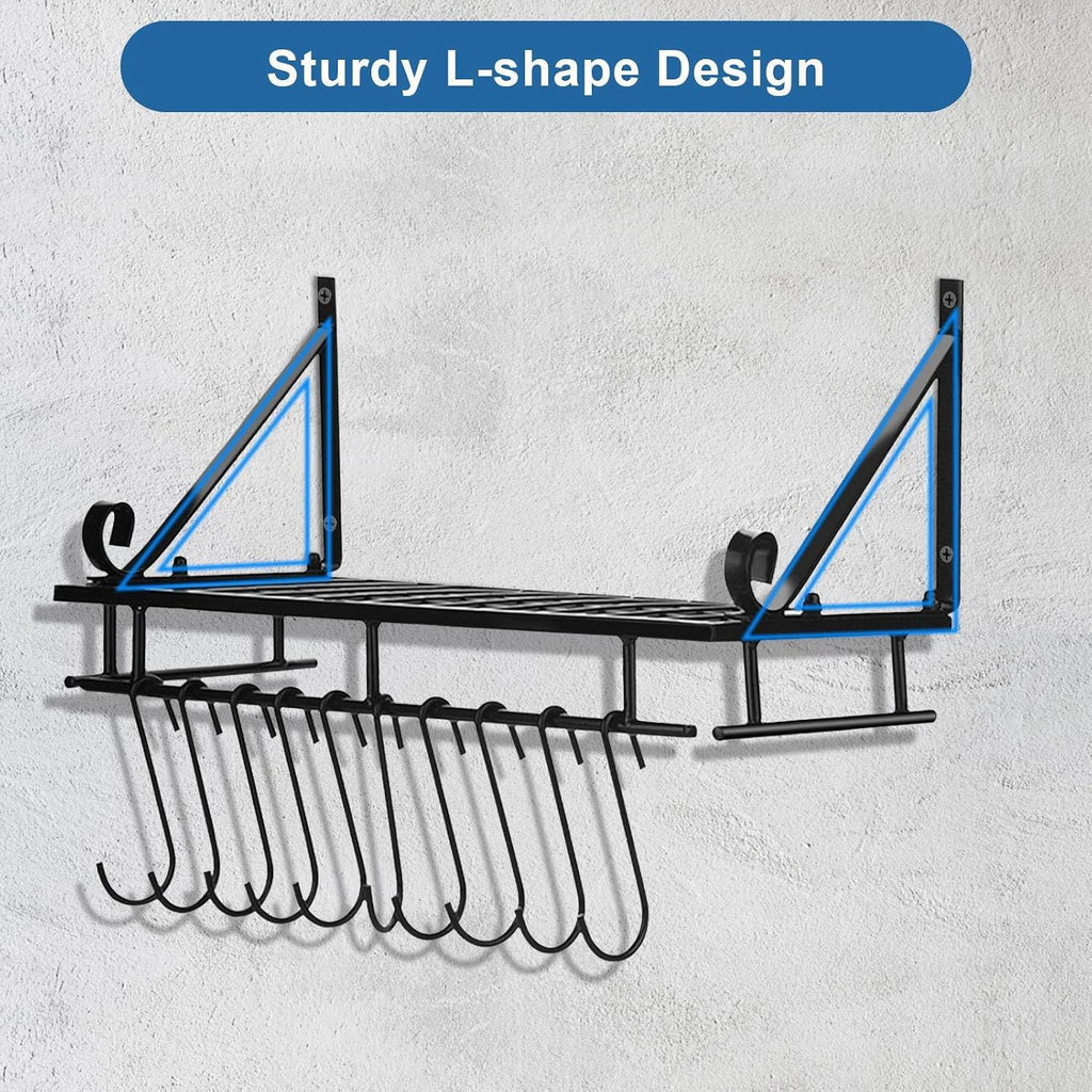 Wall Mount Metal Pot Rack with 10 Hooks