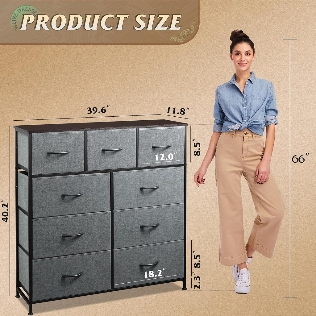 Dark Grey 9-Drawer Fabric Dresser