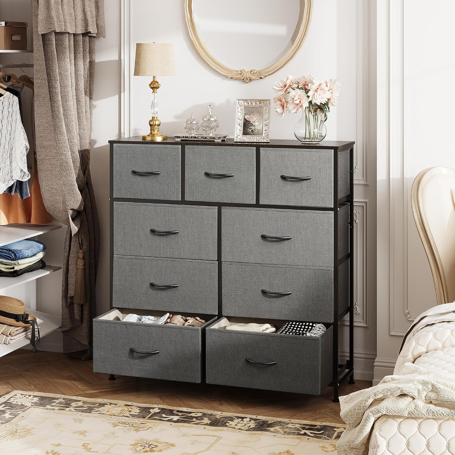 Dark Grey 9-Drawer Fabric Dresser