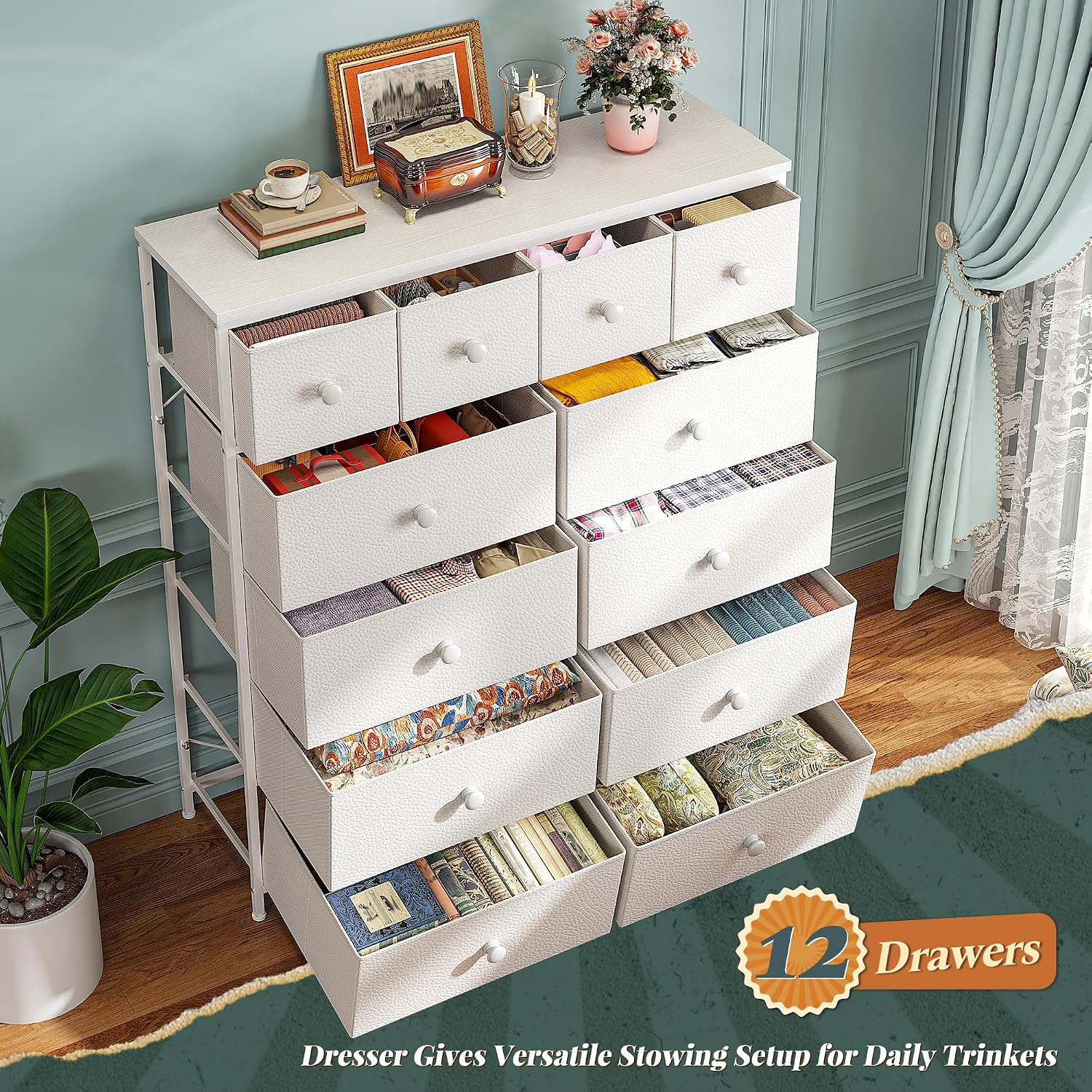 White Tall Fabric Storage Dresser