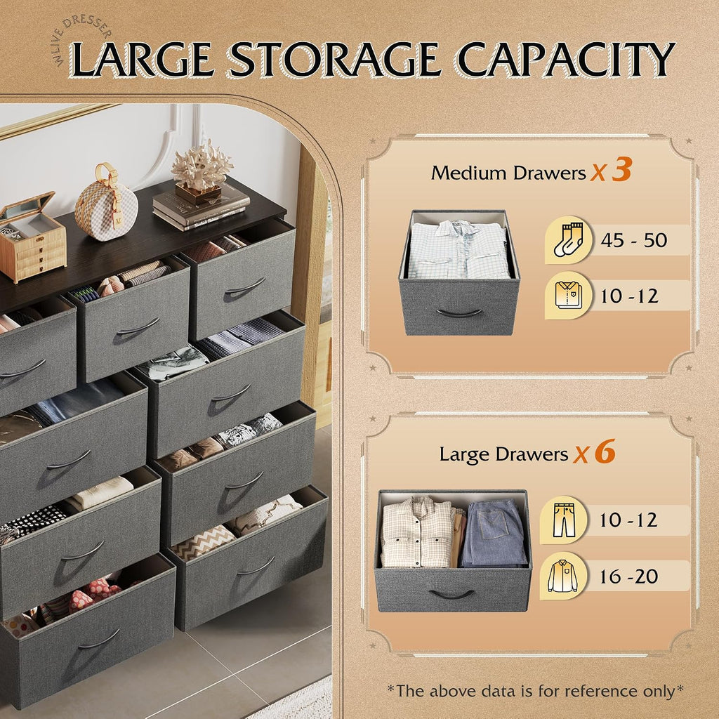 Dark Grey 9-Drawer Fabric Dresser