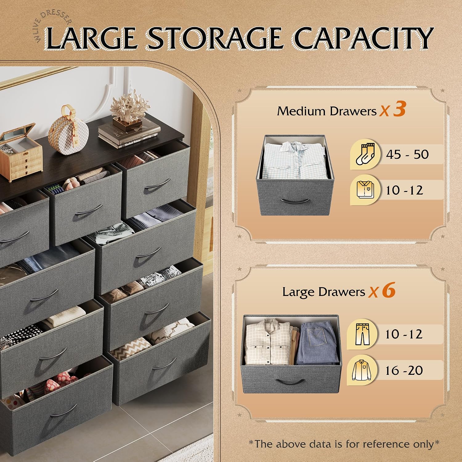 Dark Grey 9-Drawer Fabric Dresser