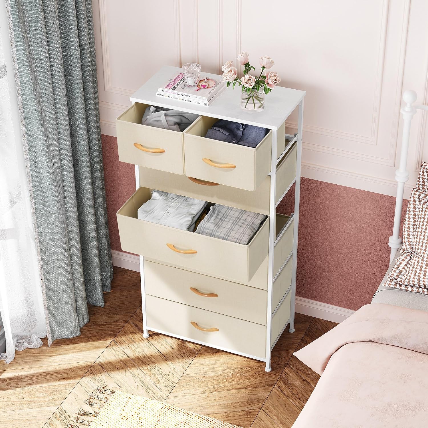 Beige 7-Drawer Fabric Dresser